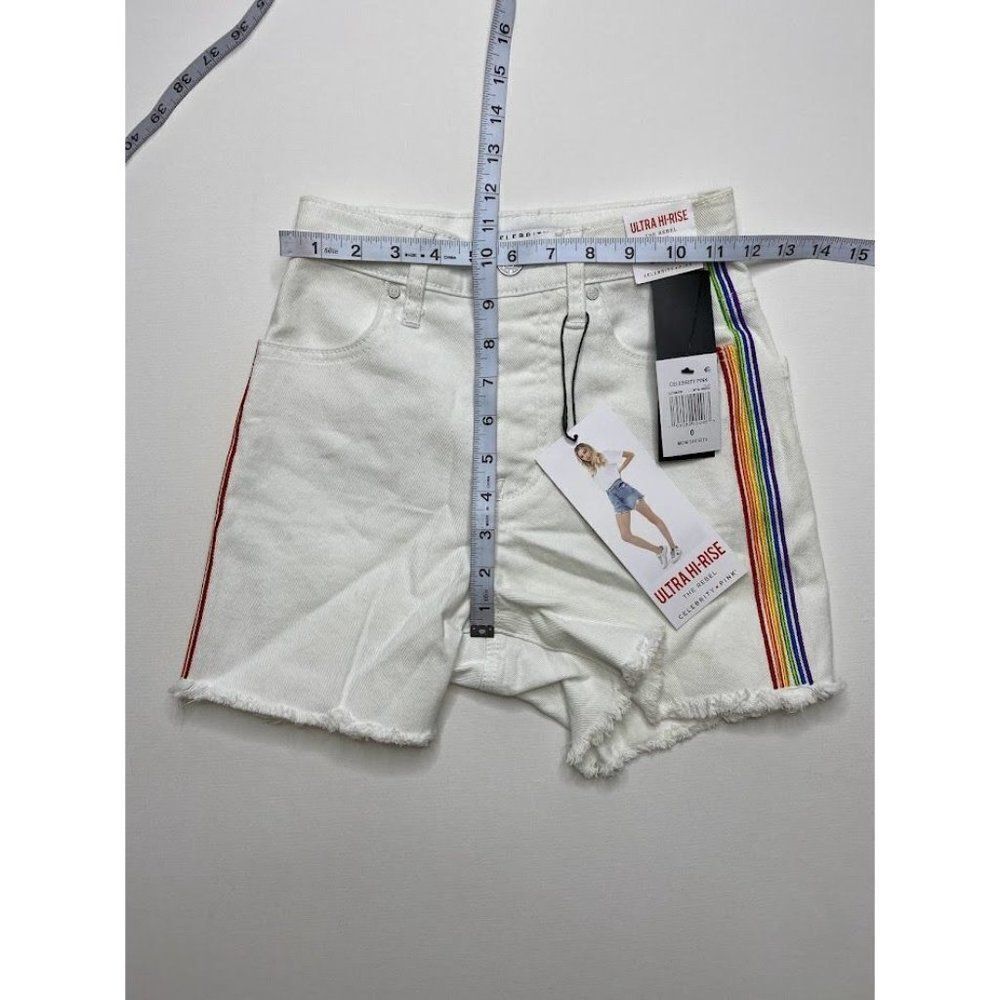 Celebrity Pink Jean Shorts 0 White Juniors' Rainbow Stripe Stretch Raw-Hem NEW - Picture 3 of 13